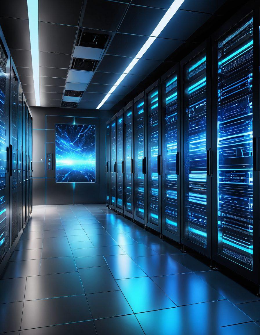 A futuristic data center filled with glowing servers and interconnected networks, showcasing a diverse group of professionals collaborating with holographic data interfaces. Incorporate elements of smart technology and data visualization, highlighting the power of STATCOM in transforming network infrastructure. The atmosphere should be dynamic and innovative, with a color palette of blue and silver that conveys high-tech sophistication. super-realistic. vibrant colors. 3D.