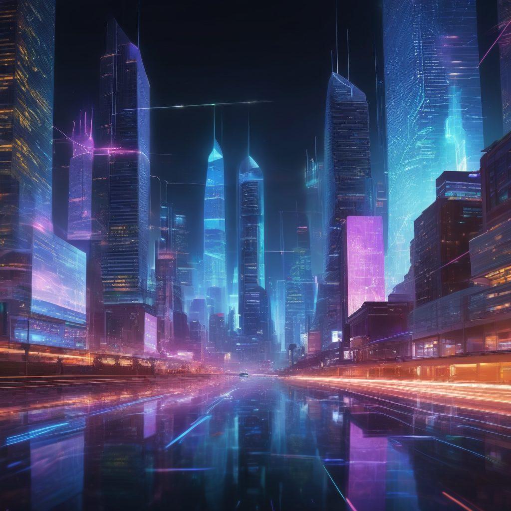 A futuristic city skyline with glowing data streams flowing through the air, showcasing the interconnectedness of network communication. In the foreground, a sleek STATCOM device emits vibrant light, symbolizing innovation and technology. Include digital display panels showcasing analytics and network metrics. Surrounding elements should include diverse people interacting with technology to illustrate collaboration. Bright neon colors with a cyberpunk vibe. super-realistic. vibrant colors.