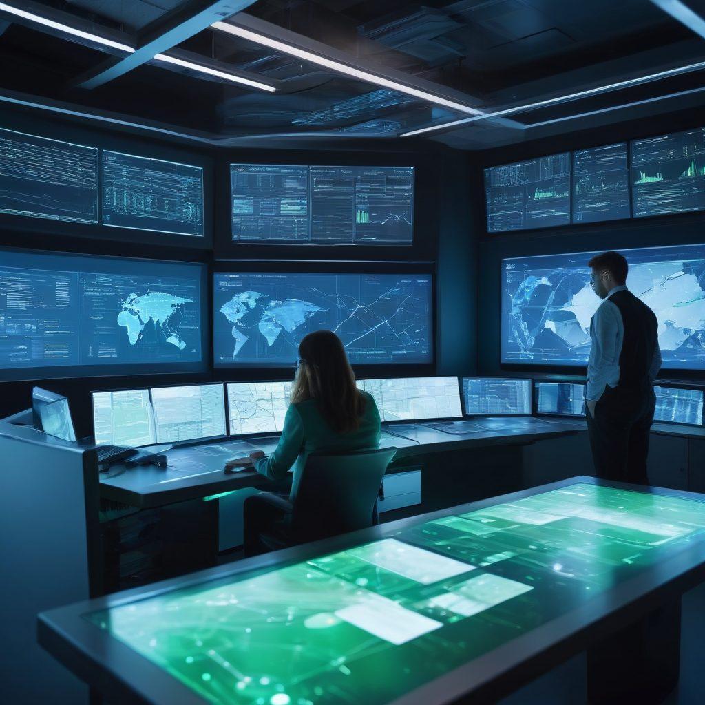 A modern control room filled with high-tech screens displaying real-time data analytics and visualizations. Engineers collaborate around a sleek table, pointing at dynamic graphs and digital maps, symbolizing innovation in data processing. The room is illuminated with vibrant LED lights in shades of blue and green, conveying a sense of advanced technology and teamwork. futuristic style. vibrant colors. high-tech ambiance.
